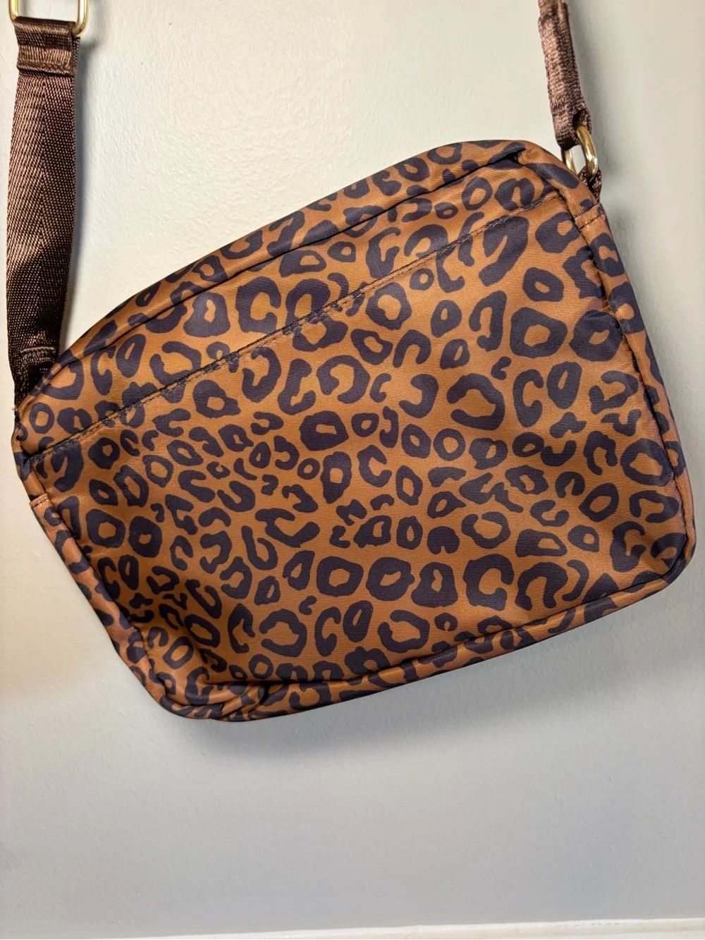Leopard Print Crossbody Bag with Adjustable Strap - Brown